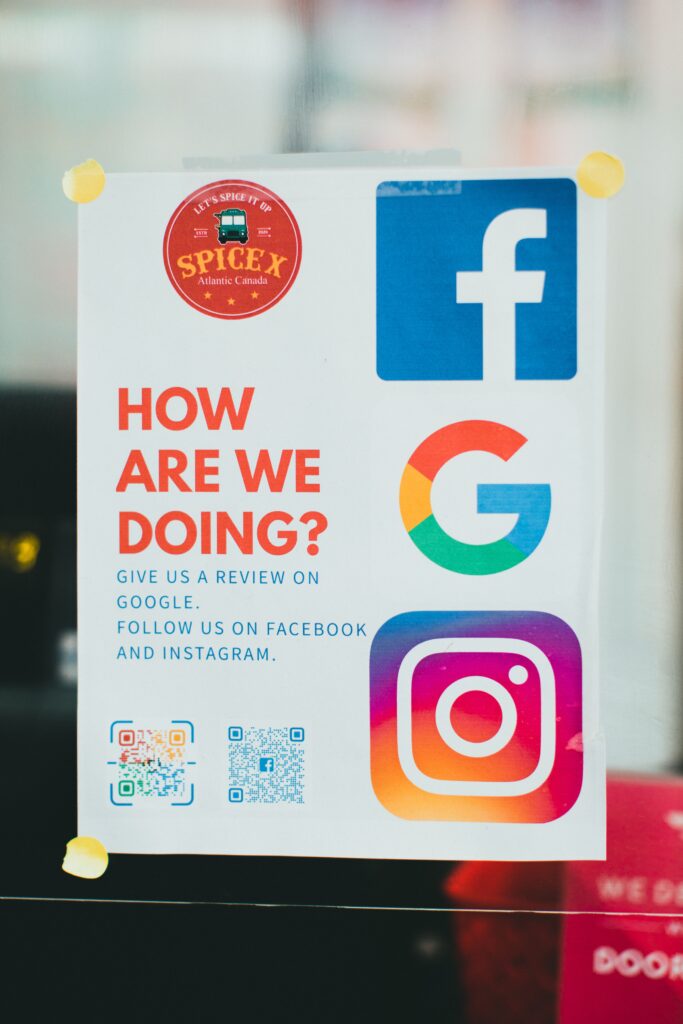 Social media icons and Google review QR code for online business promotion